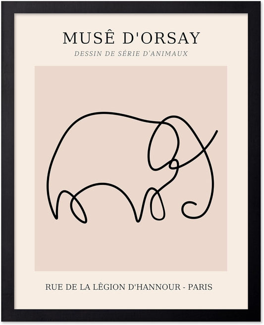 Poster Master Vintage Poster - Retro One Line Elephant Drawing Print - Elephant Art - Minimal Gift for Men, Women, Animal Lover - Abstract Wall Decor for Home, Office, 8x10 Black Framed