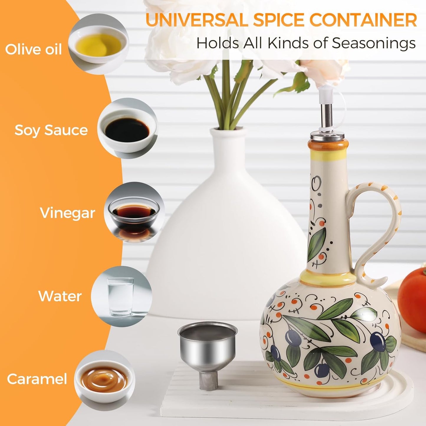 Ceramic Olive Oil Dispenser Bottle 23oz with Handles, Hand Painted Multi-Use Oil Cruet & Flower Vase, Decorative Stoneware Kitchen Cruet with Stainless Steel Spout for Oils, Sauces, Vinegar (A)