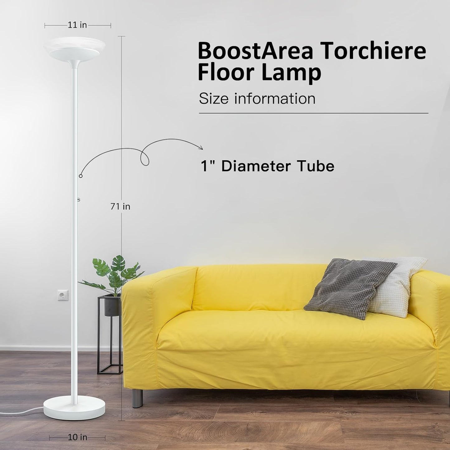 BoostArea Torchiere Floor Lamp, 24W Super Bright LED Standing Lamp, Stepless Dimmable Pole Lamp with 3000K Lighting, Glass Lampshade, 71Inch Tall Metal Modern Floor lamps for Living Room/Bedroom White