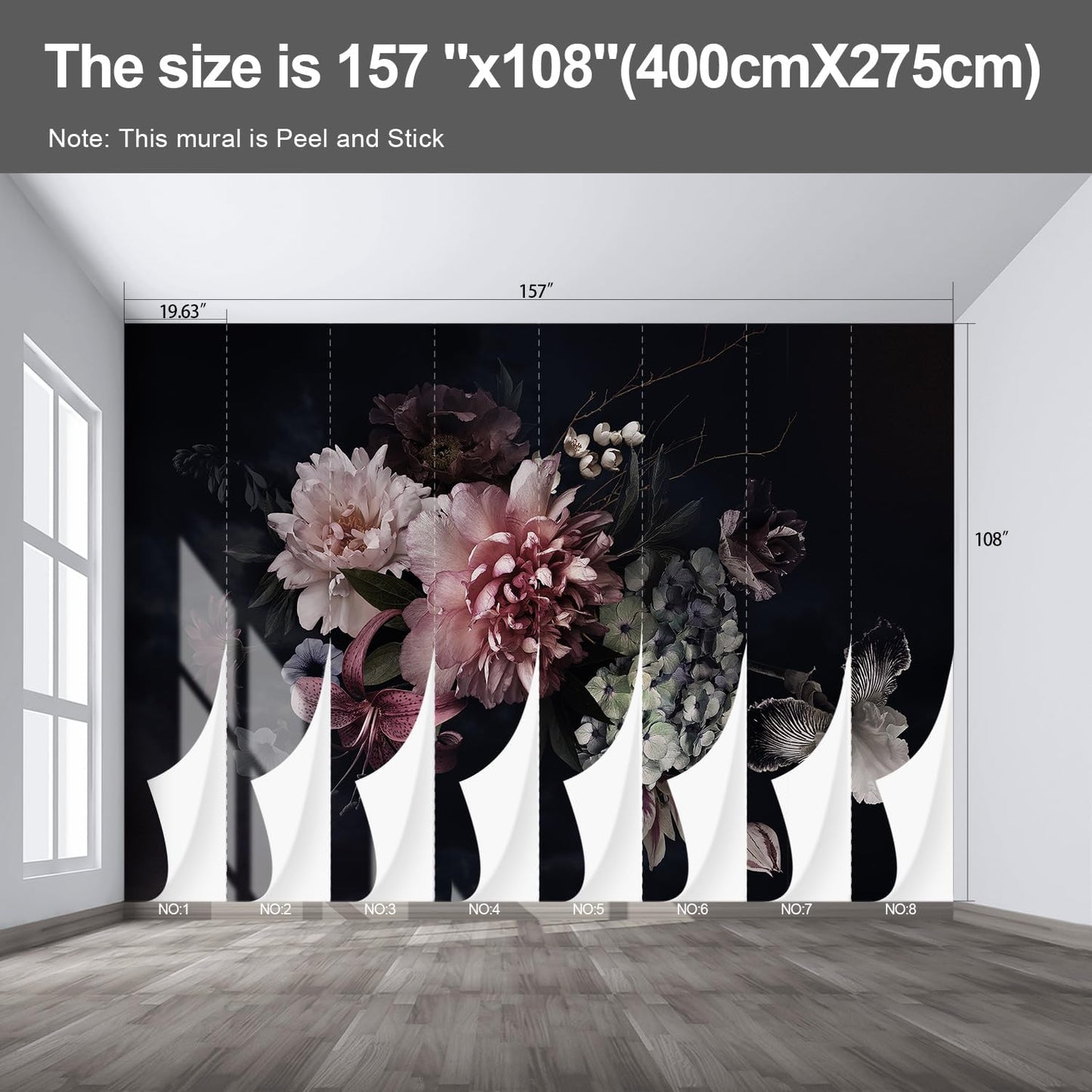 Black Floral Wall murals Peel and Stick Flowers Wallpaper for Bedroom Living Room - 108"x157"