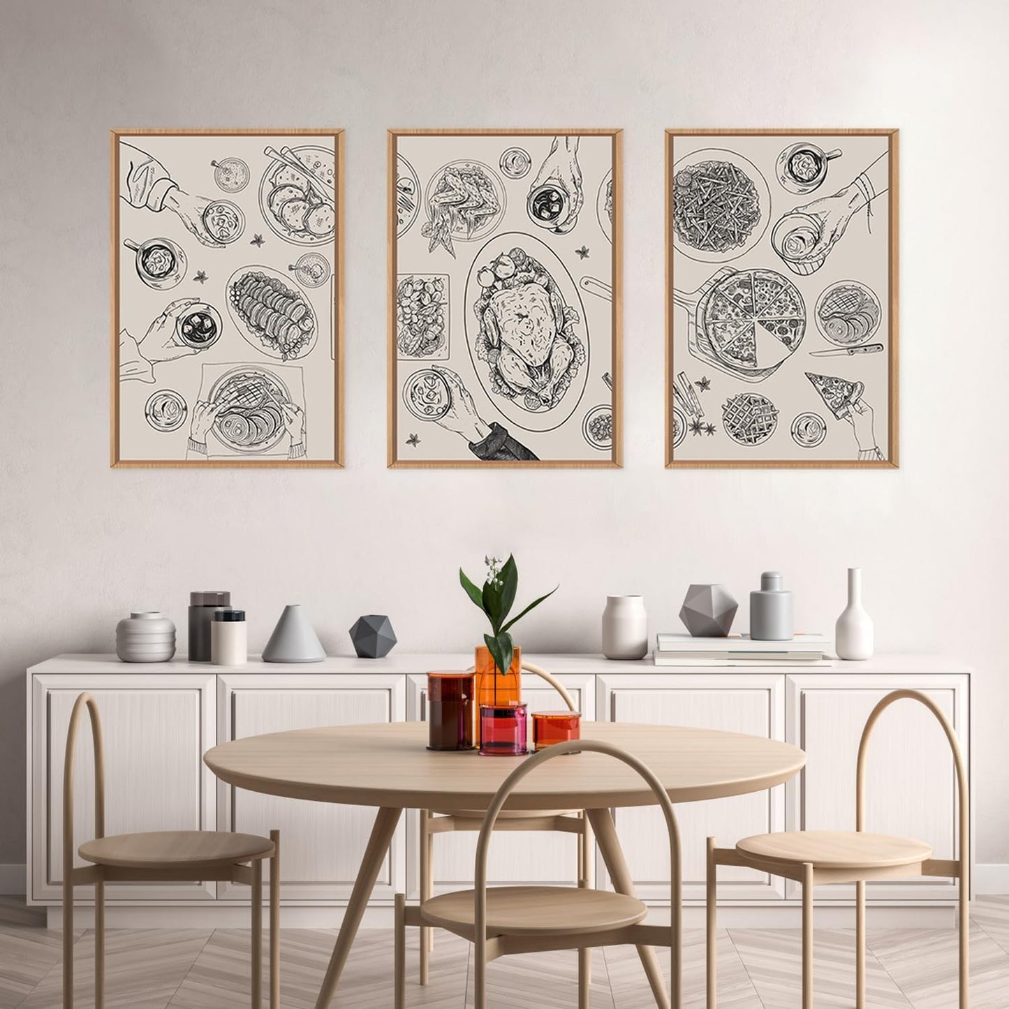 HPINUB Vintage Food and Drink Framed Canvas Wall Art Set,Sketch Pizza Cheers Wall Decor,Thanksgiving Dinner Turkey Artwork,Black and white Art Prints for Kitchen,Dining Room,Gatherings Decor-16"x24"x3