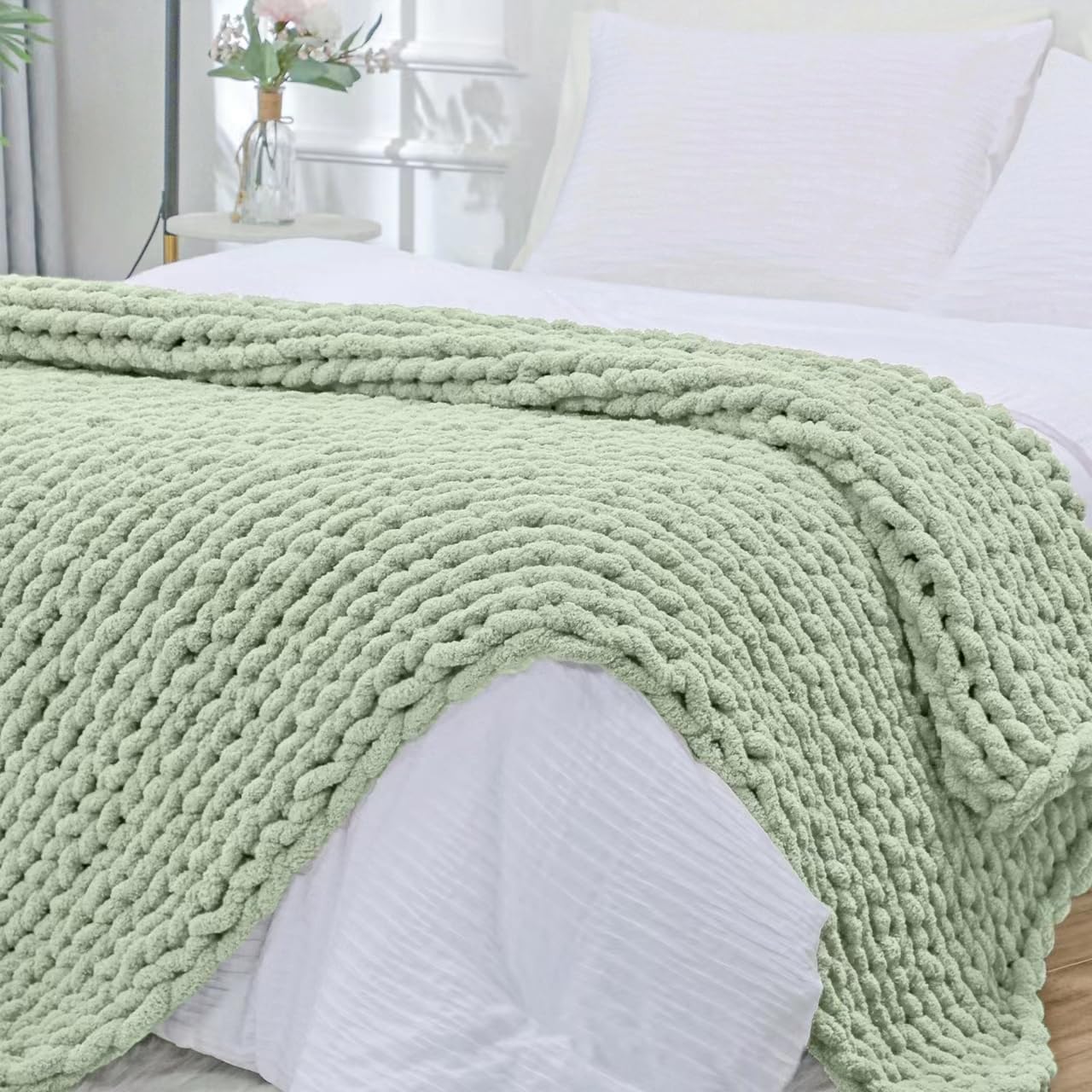 Bigacogo Chunky Knit Throw Blanket for Couch, 51x63 inches, 100% Hand Knitted with Thick Jumbo Chenille Yarn, Cozy Soft Large Rope Knot Cable Crochet Blankets for Sofa Bed Living Room, Sage Green