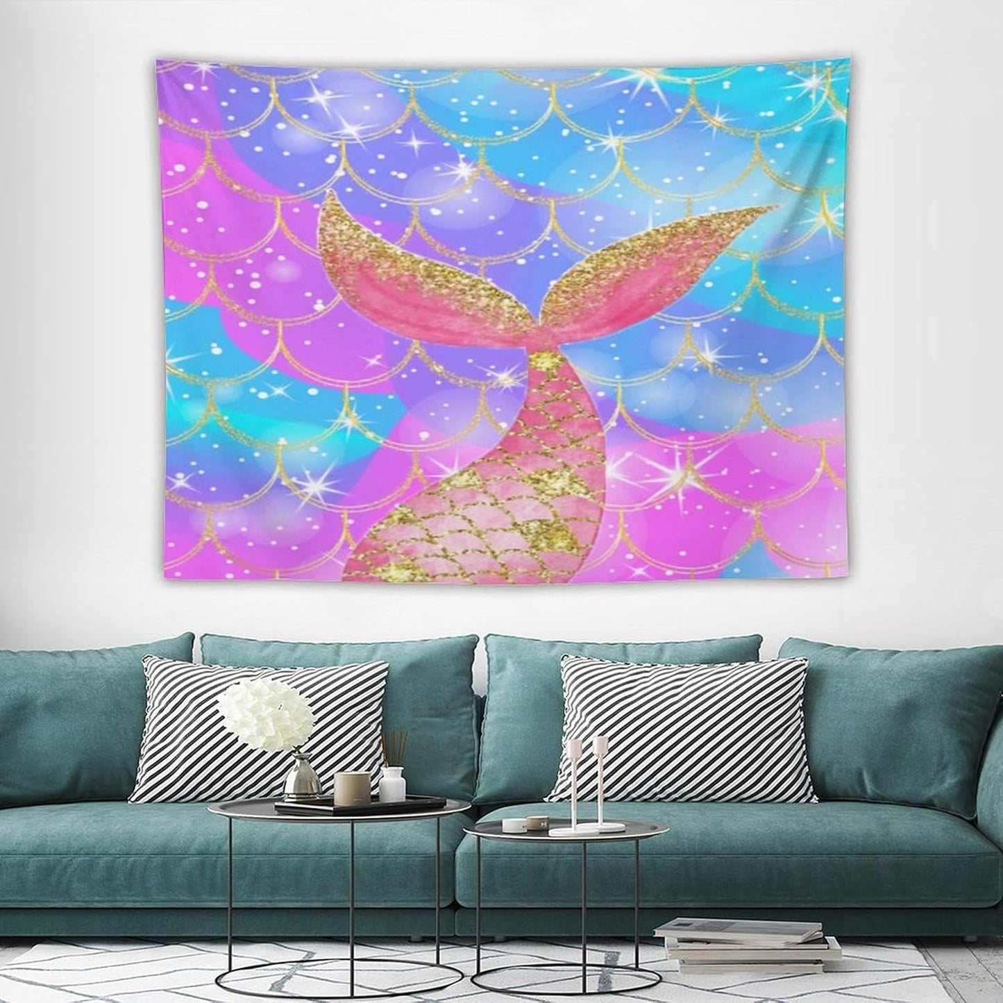 HZOHNAGO Mermaid Scales Tapestry Colorful Shiny Scales Mermaid Tail Pattern Printed Wall Tapestry Wall Hanging for Bedroom Living Room Dorm 80" W x 60" H