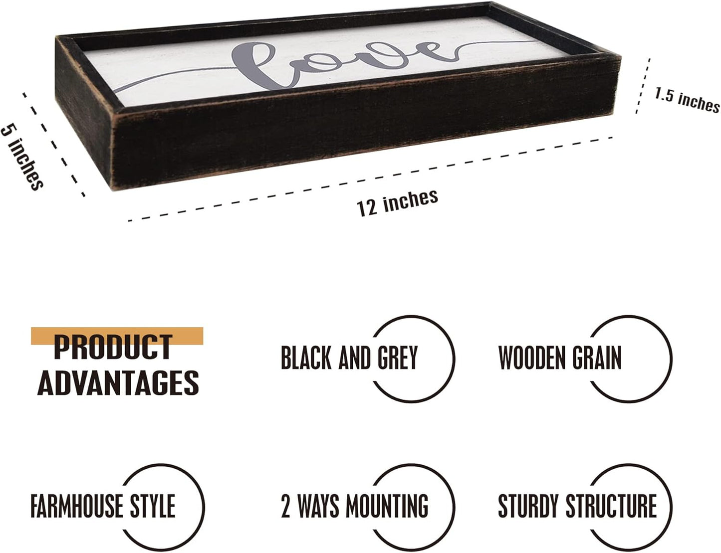 Love Framed Rustic Freestanding Sign Home Decor for Living Room Bedroom - Love Wall Art in Solid Wood Thick Black Frame 12x5 Inches for Couples