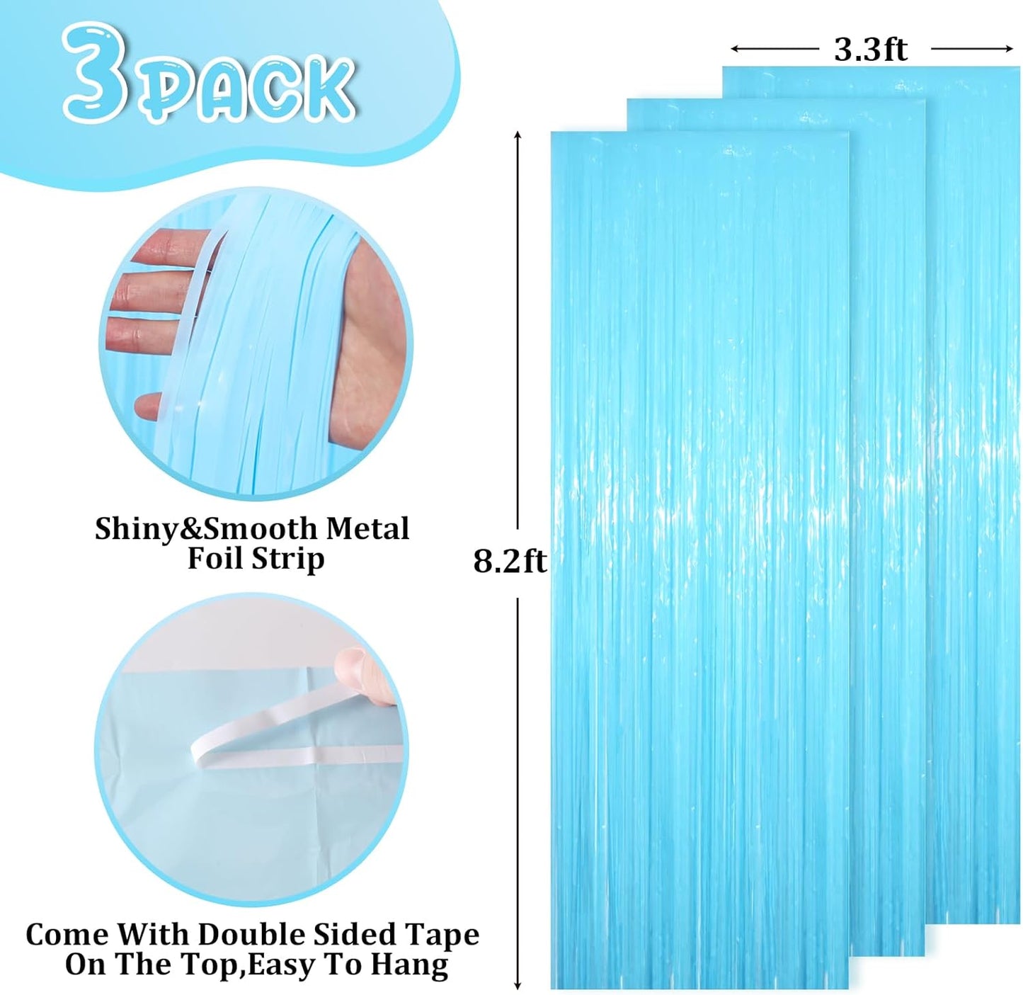 3 Pack 3.3 x 8.2 ft Pastel Blue Foil Fringe Backdrop Curtains, Tinsel Streamers Birthday Party Decorations, Fringe Backdrop for Graduation, Baby Shower, Gender Reveal, Disco Party