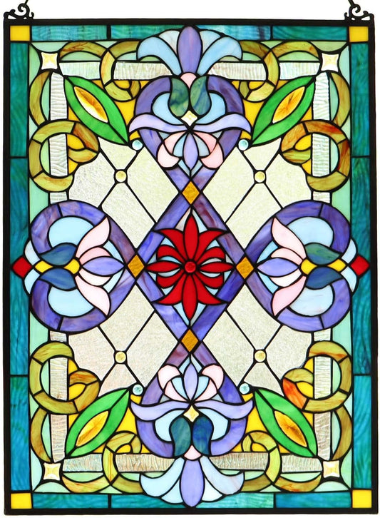Bieye W10028 Victorian Tiffany Style Stained Glass Window Panel with Chain, Rectangular Shape, 18" W x 25" H