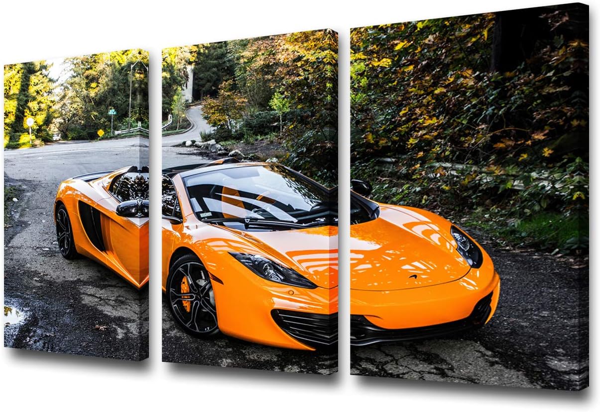 TUMOVO Wall Art Canvas Painting 3 Panel Modern Home Decorative Unique Poster Modular Painting 3 Pieces HD Printed Race Car Canvas Wall Art Pictures with Frame Ready to Hang - 12 x 24 inch x 3