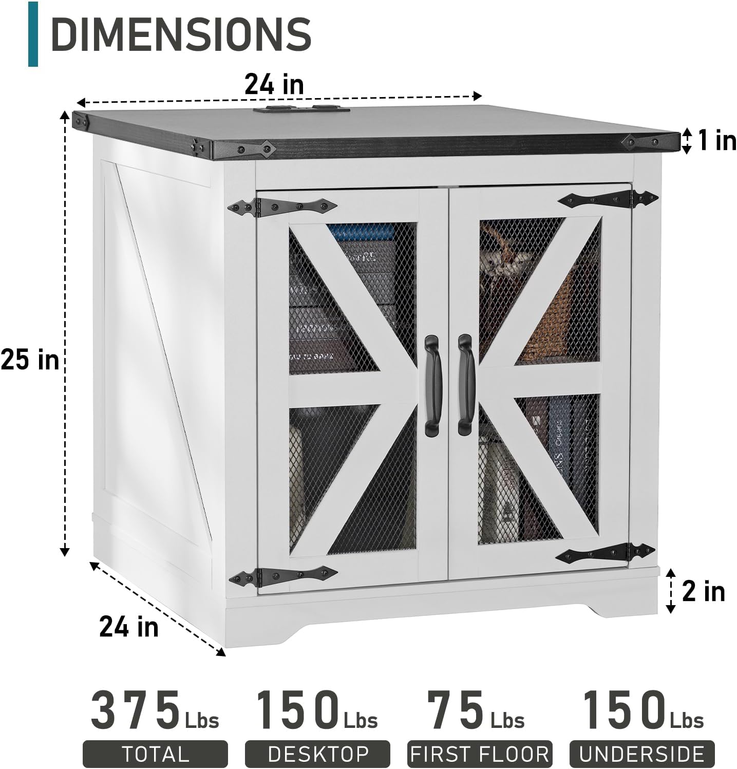 Farmhouse End Table Set of 2, 24" Large Sofa Side Table with Charging Station, Mesh Barn Door, White Nightstand with Adjustable Storage Shelf, Square Nightstand for Living Room, Bedroom