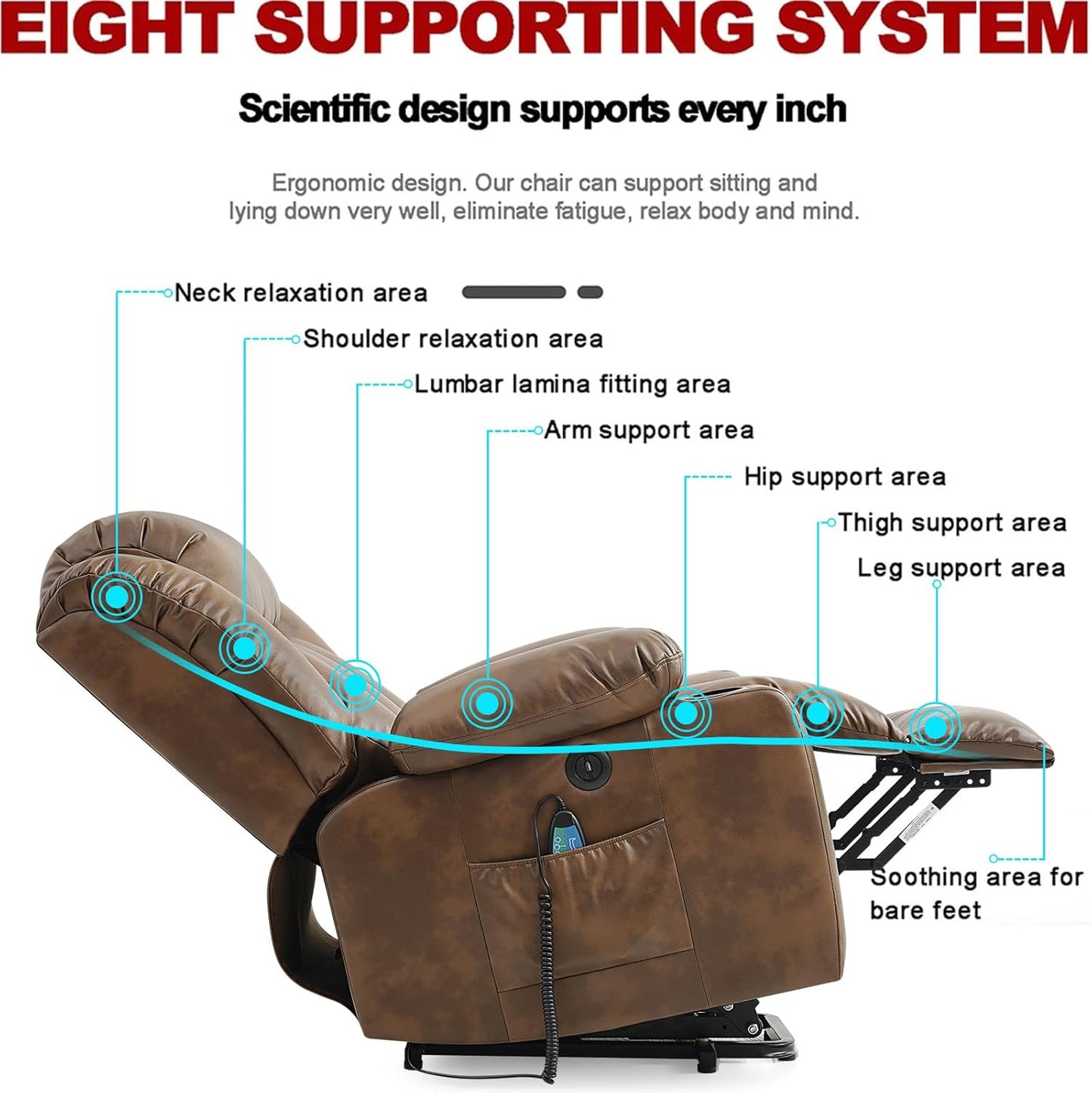 Power Lift Recliner Chair for Elderly Breathable Leather Recliner Chair with Massage and Heat for People Limited Mobility,2 Cup Holders,Electric Stand Assist,USB Ports,Gifts for Family (Ochre)