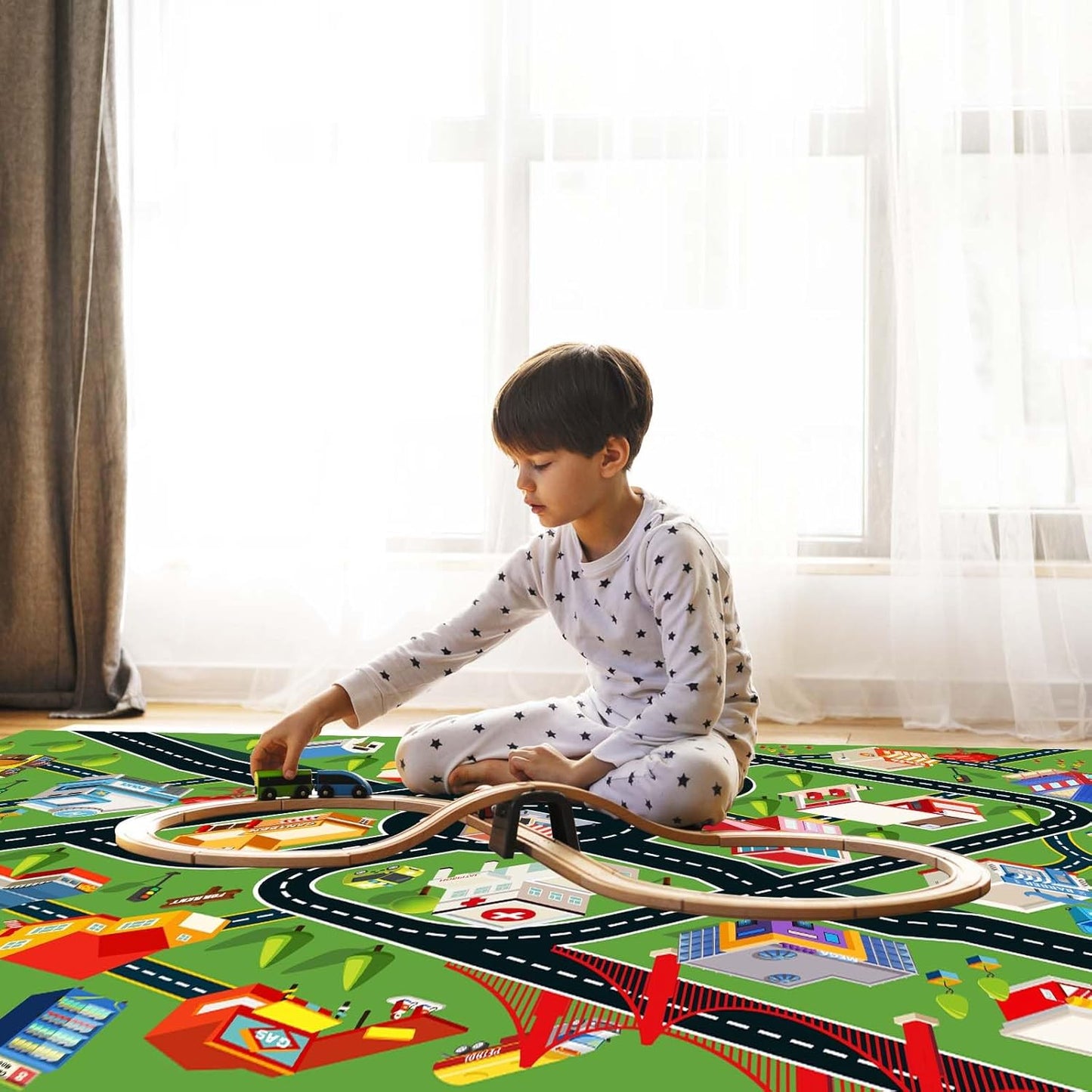 Kids Rug Car Rugs for Kids Toy Cars Play Mat with Rubber Backing City Life Road Rug for Cars Fun City Map for Carpet for Bedroom Boys (RED-Rug, 3.3x4.9ft)