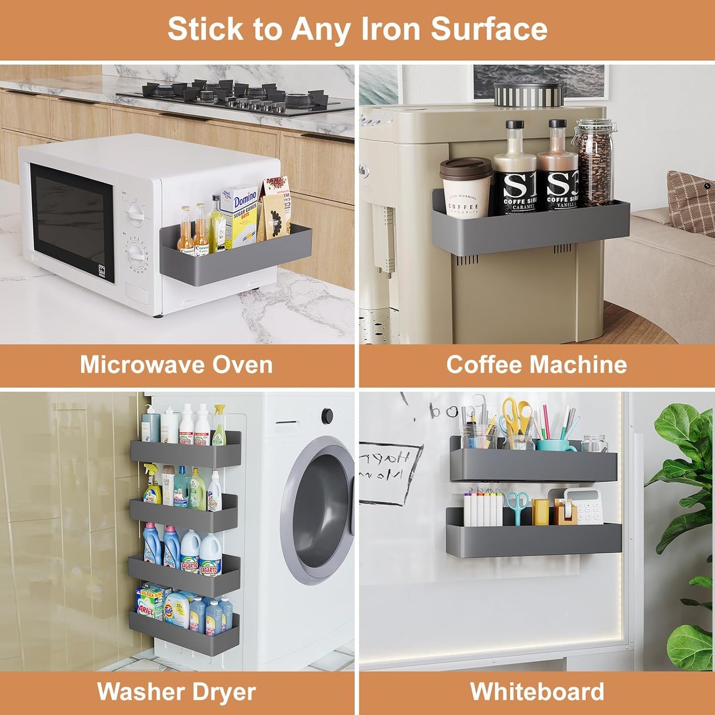 Magnetic Spice Rack for Refrigerator, Kitchen Organizer and Storage Shelf, Grey (4 Pack)…