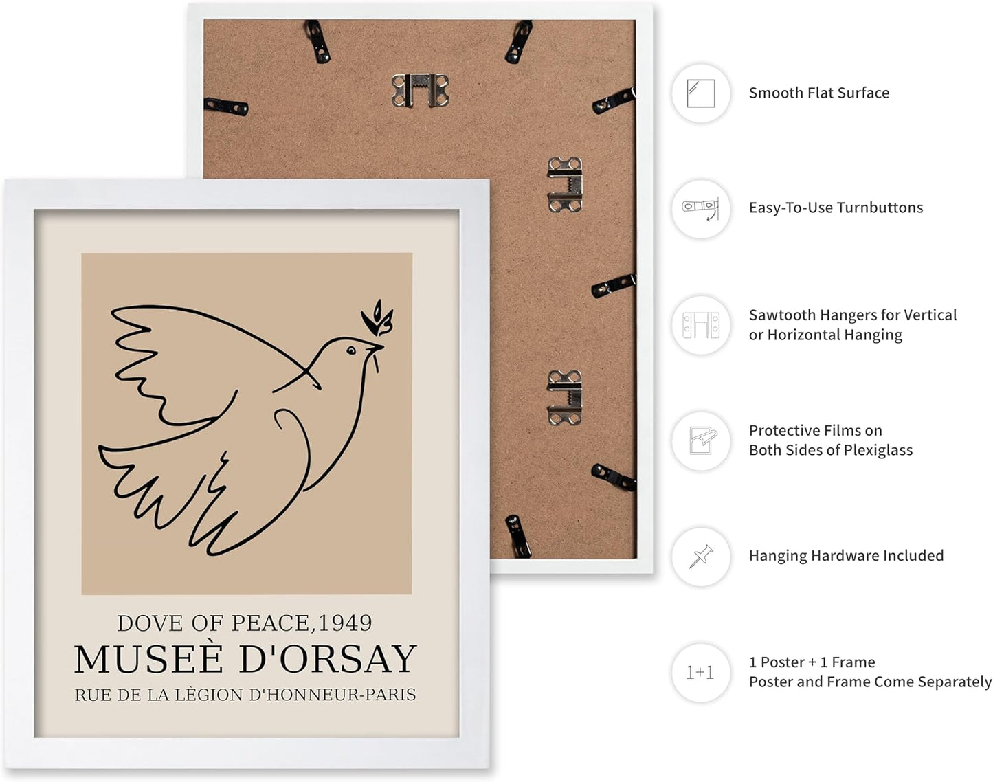 Poster Master Vintage Poster - Retro Minimalist Print - Gift for Artist, Friend - Dove Of Peace, Line Drawing, Sketch, Abstract - Wall Decor for Living Room, Bedroom, 16x20 White Framed