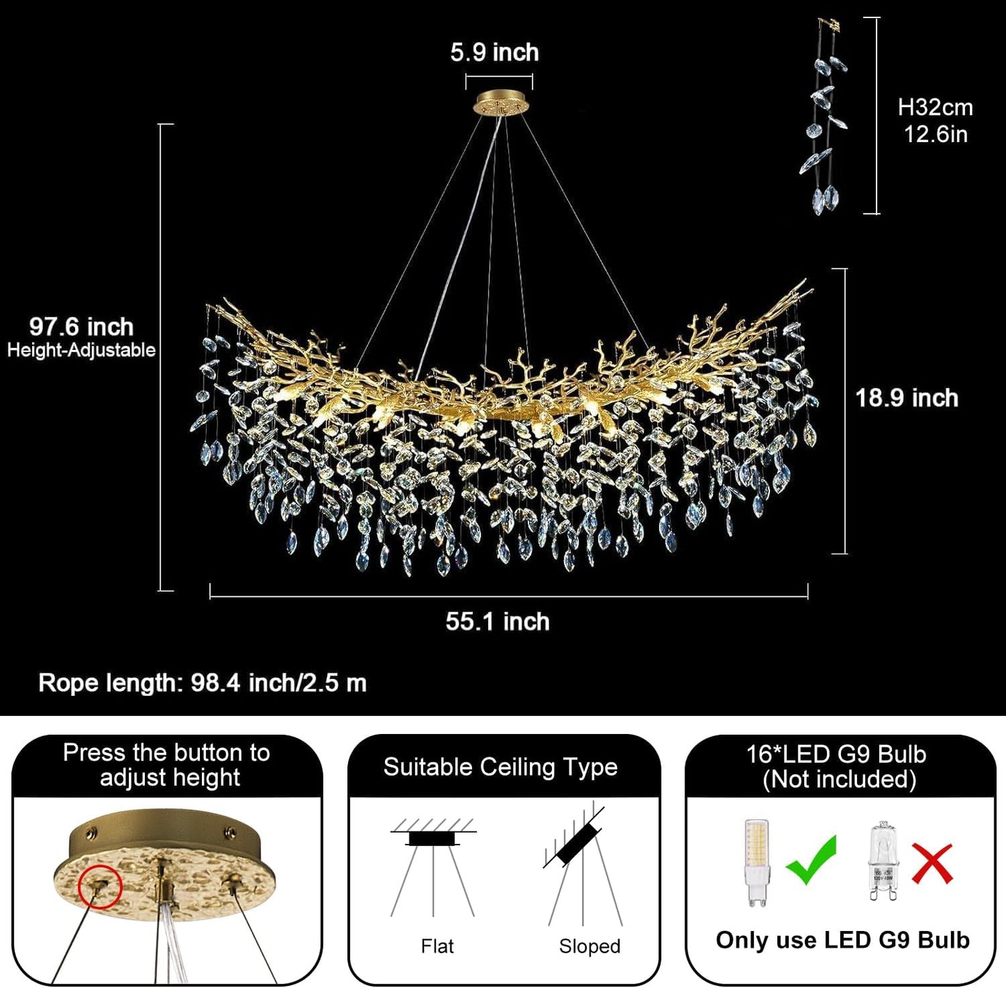 Modern Crystal Gold Chandelier, 55" Large Rectangular Oval Tree Branch Crystal Chandeliers for Dining Room,16-Light Flush Mount K9 Crystal Chandeliers, for Kitchen Island,Dining Room