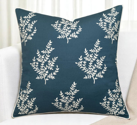 VAGMINE Embroidered Leaves Throw Pillow Cover - 20x20 Inches Square - 100% Cotton Teal Decorative Cushion Cover - Luxurious Embroidery Pattern - Vibrant Boho Accent for Sofa, Bed, Chair, Living Room