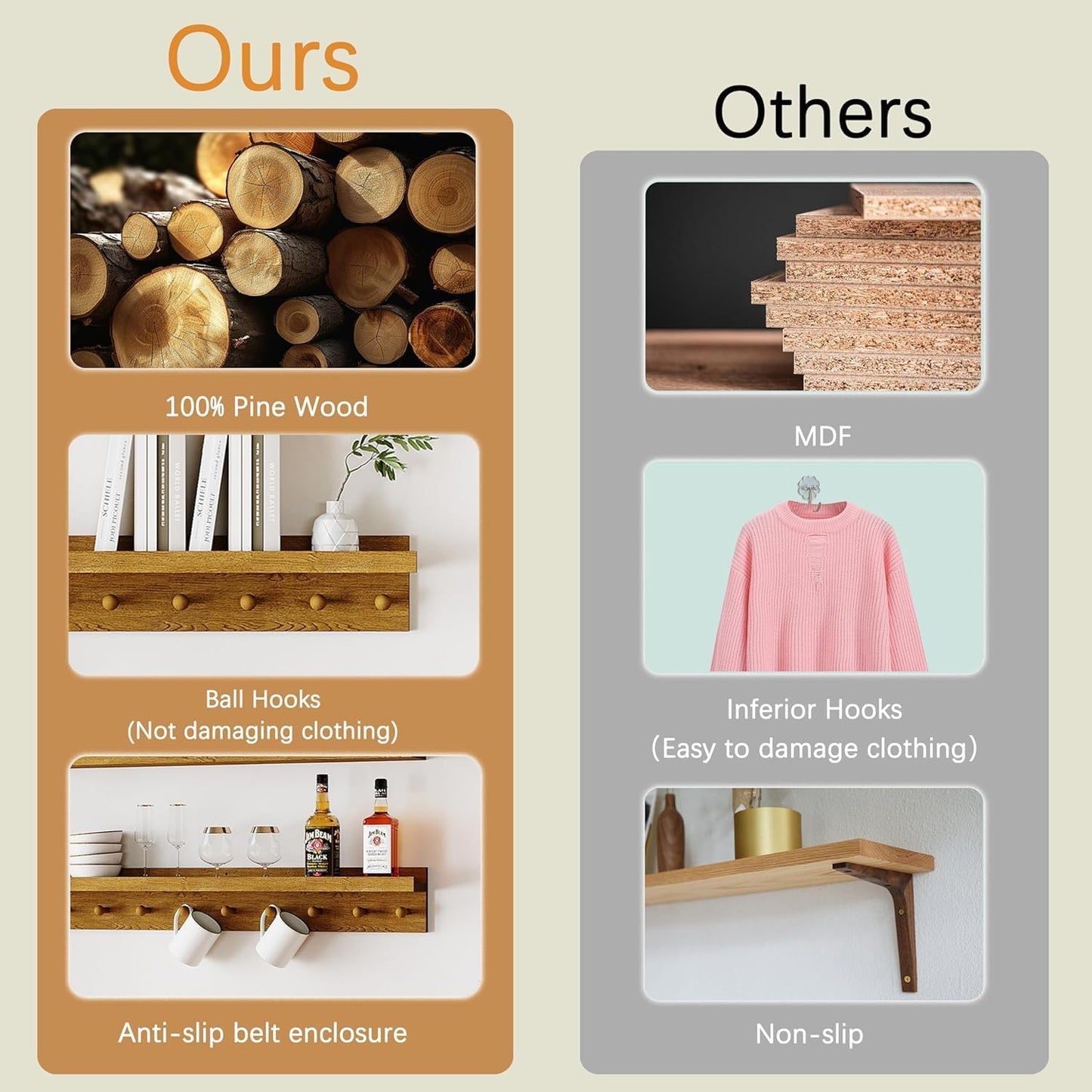 MBYD Floating Shelves 36 Inch, Nursery Book Shelves for Kids Room, Hanging Bookshelf with Hooks Set of 3, Light Walnut Wood Picture Ldge Shelving, Kitchen Wall Shelf Spice Rack for Bedroom Bathroom