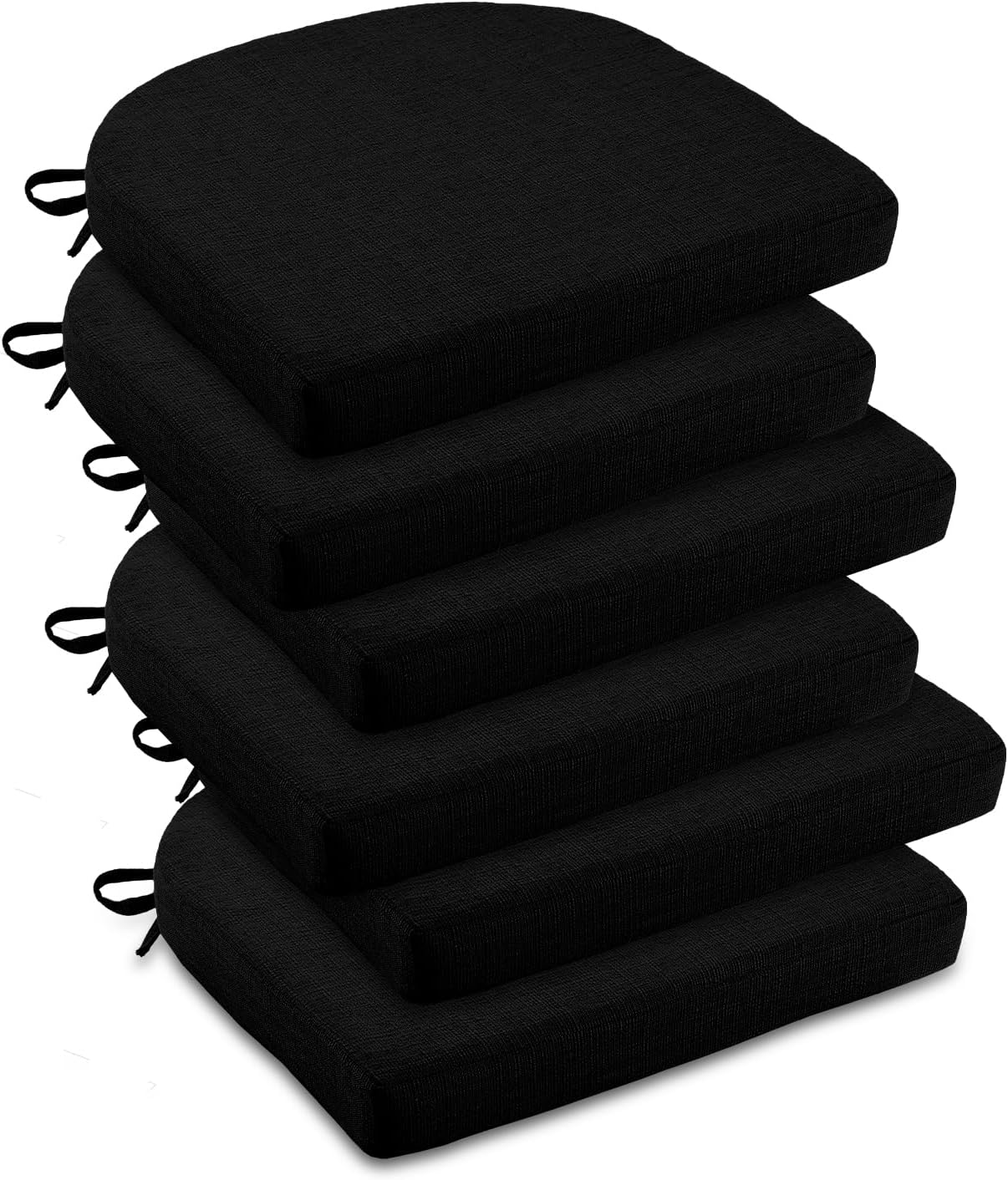 downluxe Indoor Chair Cushions for Dining Chairs, Soft and Comfortable Textured Foam Kitchen Chair Pads with Ties and Non-Slip Backing, 16" x 16" x 2", Black, 6 Pack