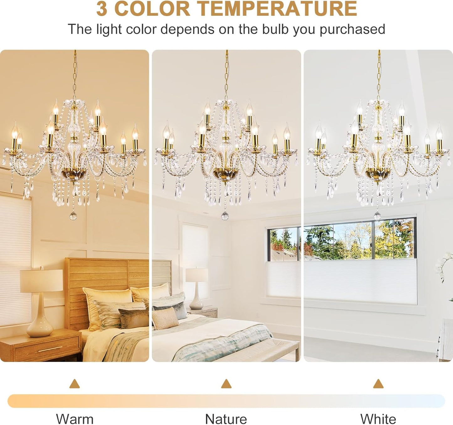 Modern Elegant 10 Lights K9 Crystal Glass Chandelier Golden Pendant Ceiling Lighting European Style for Dining Living Room Bedroom Transparent, 10 E12 Bulbs Required