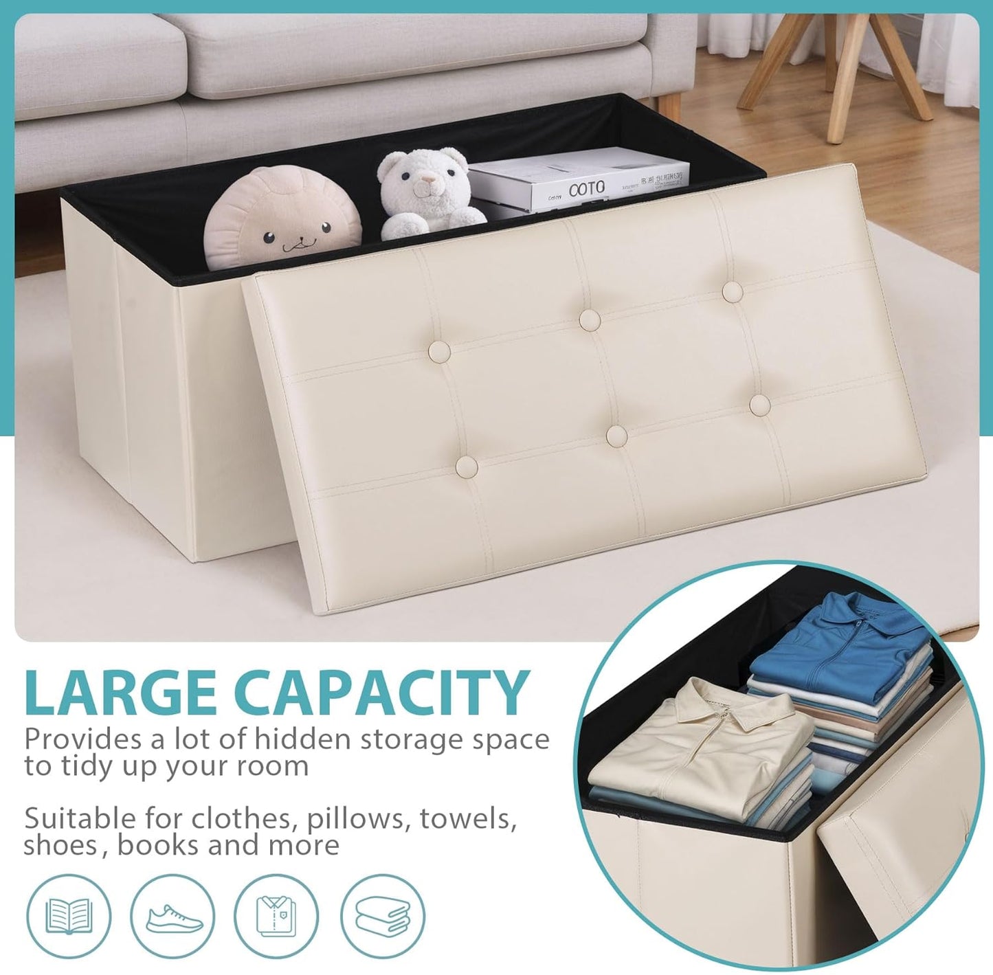 SUPER DEAL Folding Storage Ottoman Bench, 30 Inches Footrest Storage Bin with Padded Seat, Entryway Shoe Bench for Living Room Bedroom, 30"x15"x15", Faux Leather, Beige