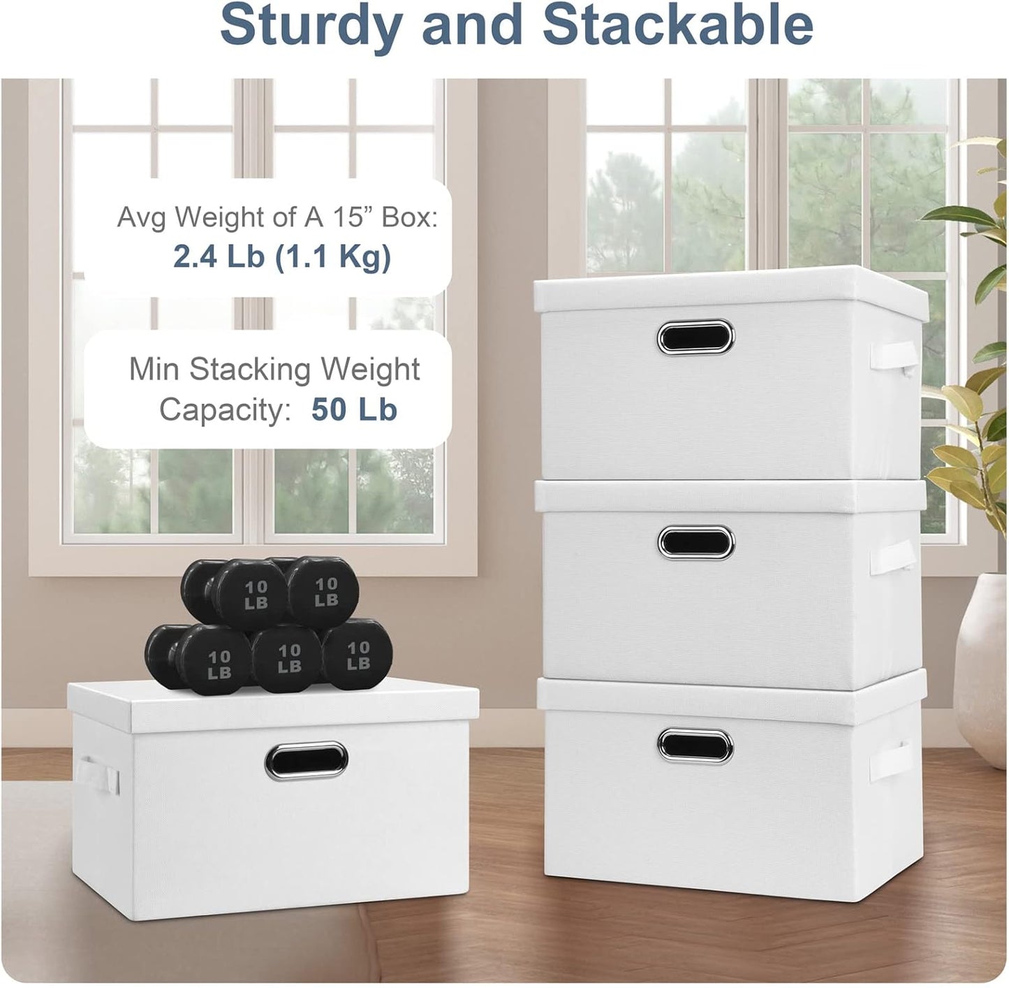 Medium 15" 21 Quart Collapsible Stackable Storage Bins with Lids, 5 Packs White Foldable Fabric Closet Storage Boxes with Lids, Lidded Heavy-duty Linen Baskets(15x11x8)
