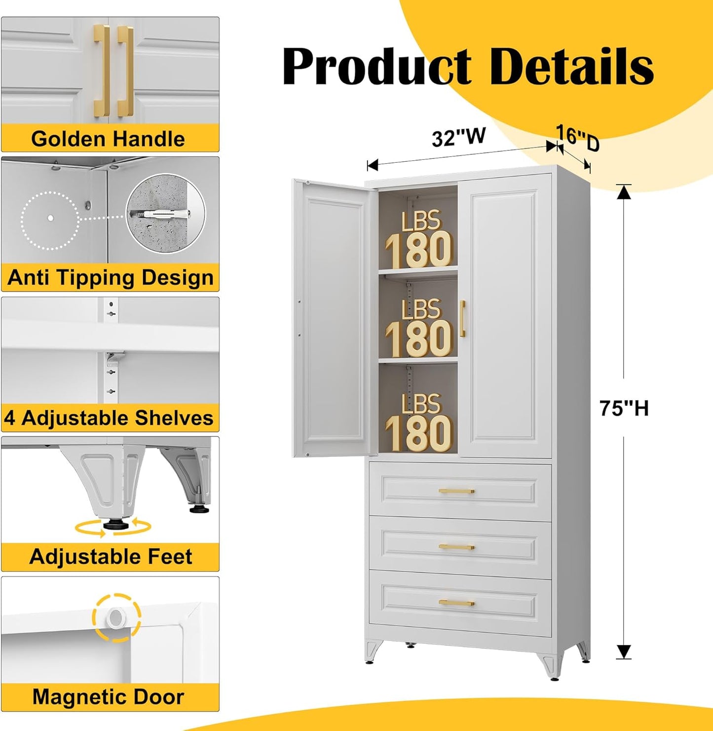 75" Kitchen Pantry Cabinet with 3 Drawer,Metal Storage Cabinets with Doors and 4 Adjustable Shelves,White Kitchen Cabinet with 2 Gold Handles,Food Cupboard for Livingroom,Pantry, Bathroom