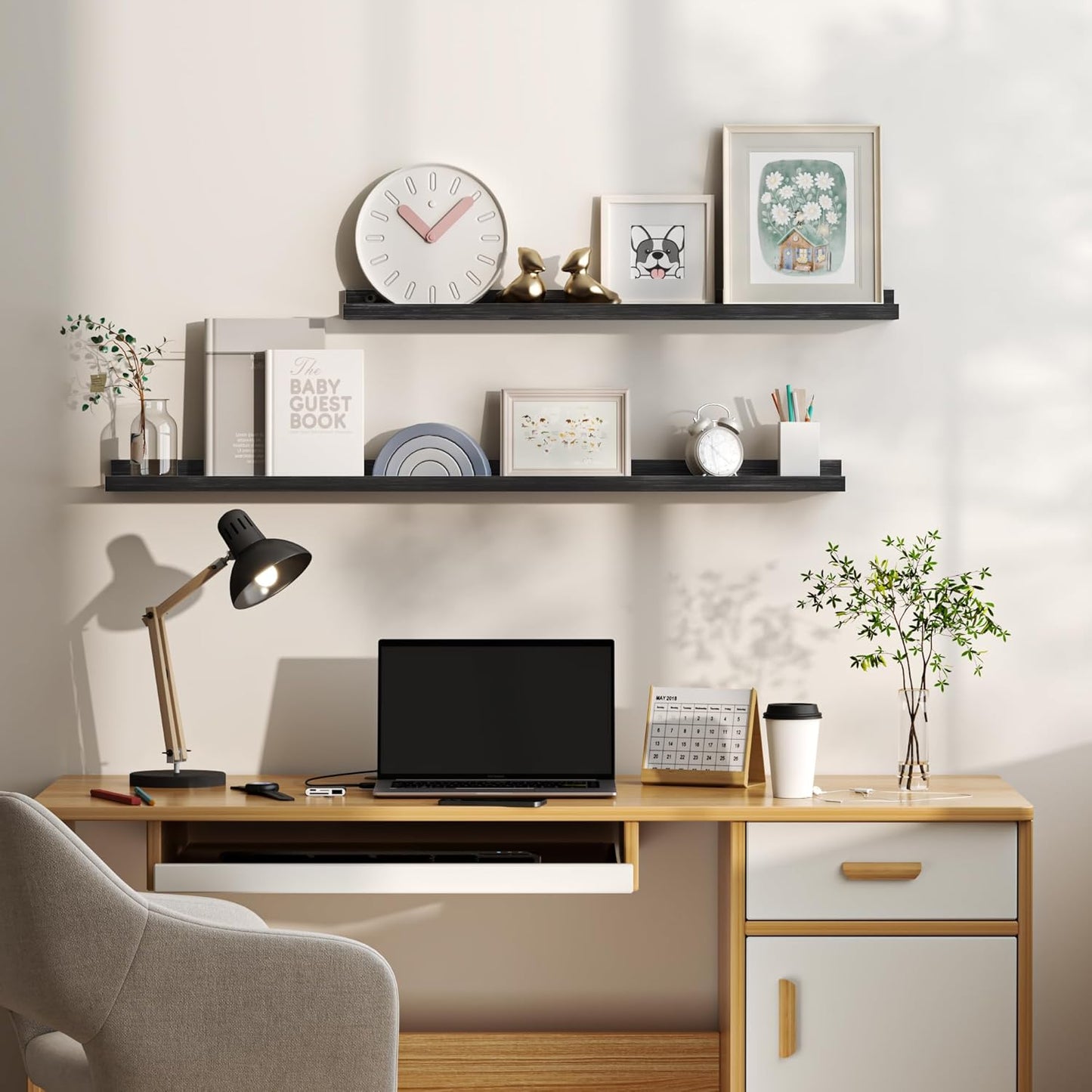 Floating Shelves for Wall, Picture Ledge Shelf 24 Inch Solid Wood Set of 2, Rustic Wall Shelves with Lip, Kids Bookshelf, Photo & Picture Live Edge Floating Shelves for Bedroom, Living Room, Kitchen