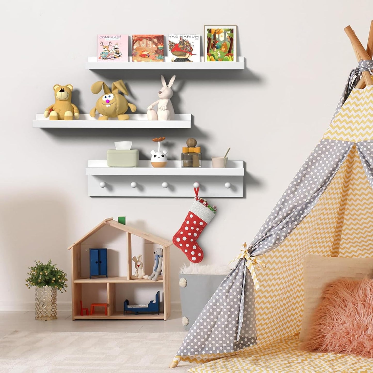 MBYD Picture Shelf Ledge, 24 Inch Floating Shelves for Wall, Nursery Book Shelves with Hooks Set of 3, Floating Shelf Wall Mounted for Bathroom,Kids Room, Living Room, Kitchen Bedroom White