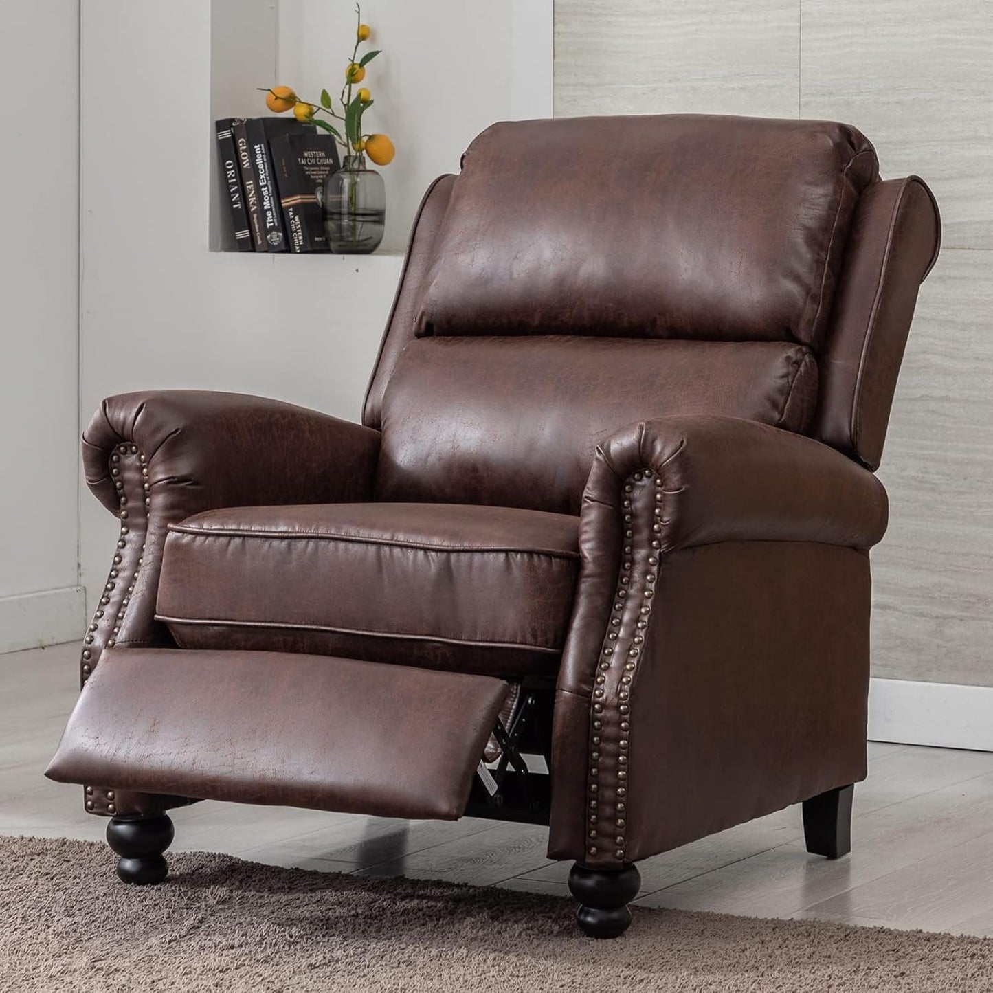 CANMOV Pushback Recliner Chair Set of 2，Leather Armchair Push Back Recliner with Rivet Decoration Single Sofa Accent Chair for Living Room, Reddish Brown