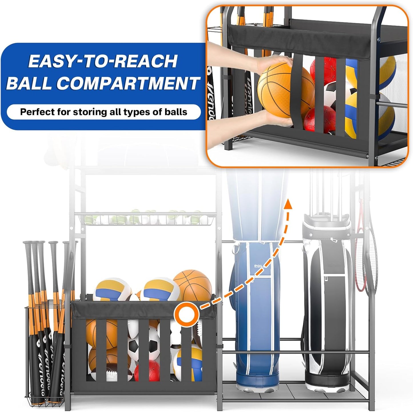 Garage Sports Equipment Organizer, Strong Load Bearing Golf Bag Organizer, Multi Use Golf Ball Rack Basketball Rack for Sports Gear and Outdoor Toy Ball Storage