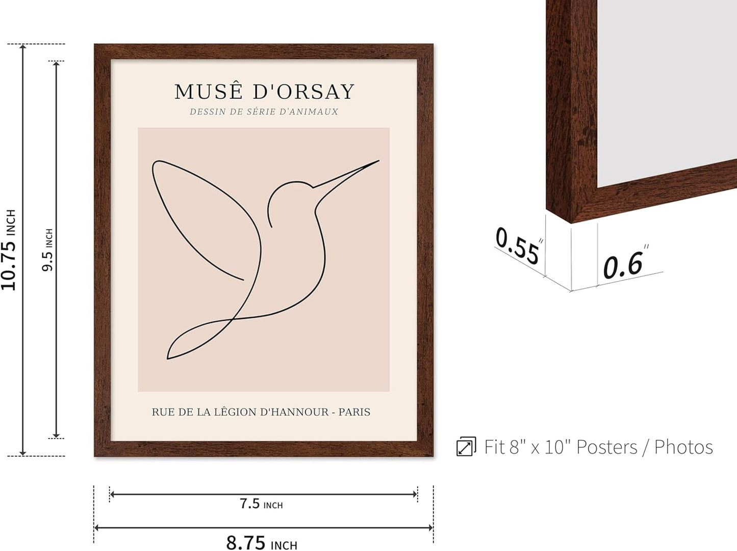 Poster Master Vintage Poster - Retro One Line Hummingbird Drawing Print - Bird Line Art - Minimal Gift for Him, Her, Animal Lover - Abstract Decor for Home, Office, 8x10 Brown Framed