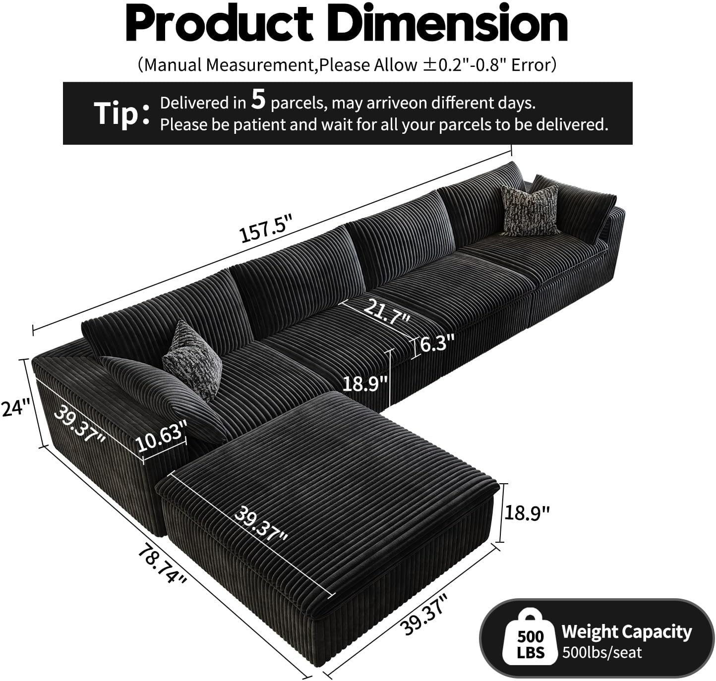 157.5" Cloud Couch Modular Sectional Sofa for Living Room,Modern Sofa with Deep Seat，L-Shape Boneless Couch with Ottoman,Comfy Upholstered Corduroy Couches for Apartment, Studio, Office,Bedroom，Black