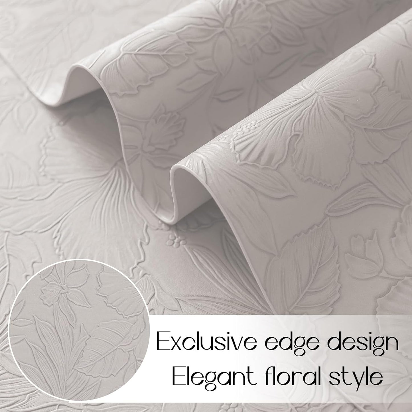 Romanstile Vinyl Placemats Set of 8-12 X 18 Inch - Heat Resistant Non-Slip Embossed Floral Place Mats 100% Waterproof Oilproof Wipeable Faux Leather Table Mats for Kitchen/Dining/Party, LightGrey