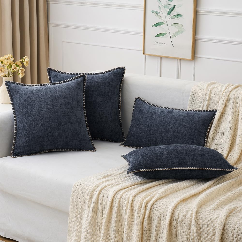 MIULEE Pack of 2 Couch Throw Pillow Covers 12x20 Inch Dark Blue Farmhouse Decorative Pillow Covers with Stitched Edge Soft Chenille Solid Dyed Spring Pillow Covers for Sofa Bed Living Room