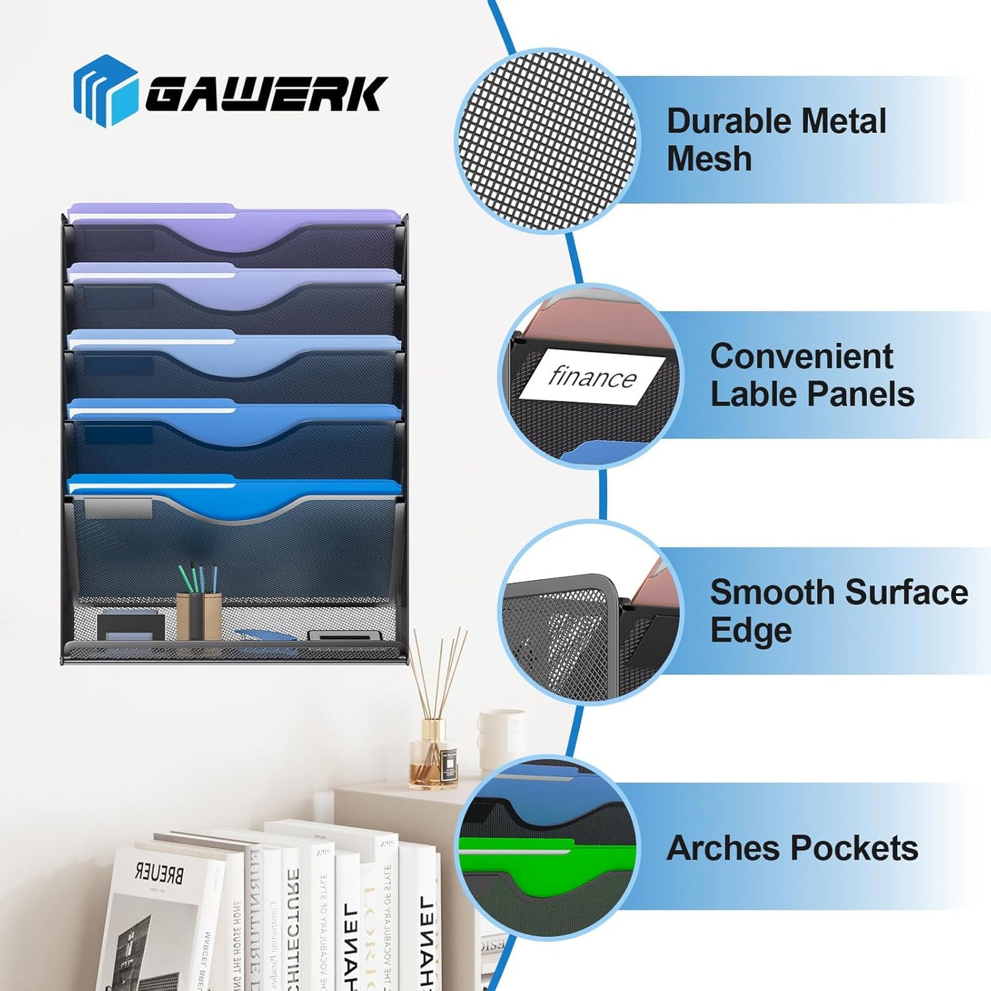 6 Tier Hanging File Organizer, Mesh Wall File Holder Paper Folder Rack with Bottom Flat Tray for Office Home, Black