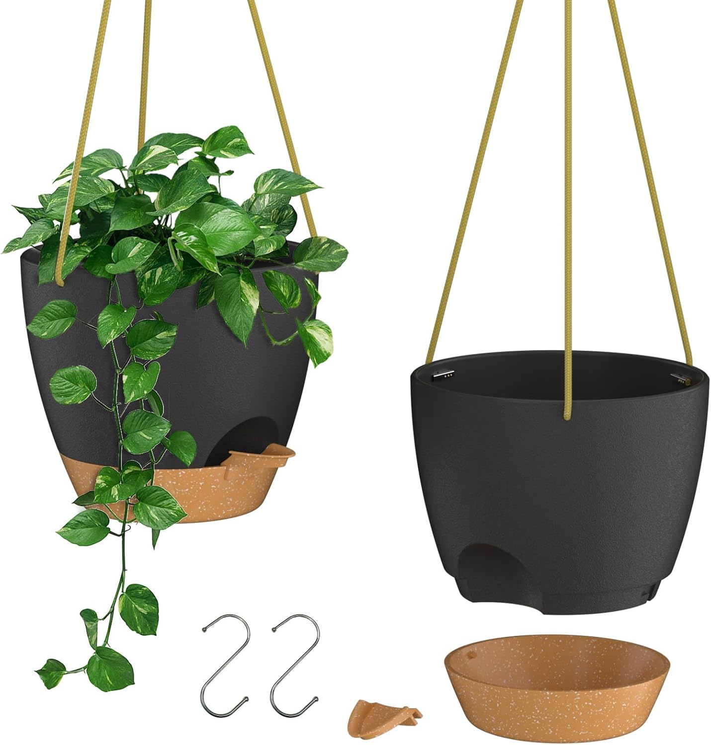 ZMTECH 10 Inch Hanging Planters for Indoor Outdoor Plants, 2 Pack Self Watering Hanging Plant Pots with Drainage Holes and Removable Saucer, Plastic Flower Hanging Pots with Watering Lip (Black)