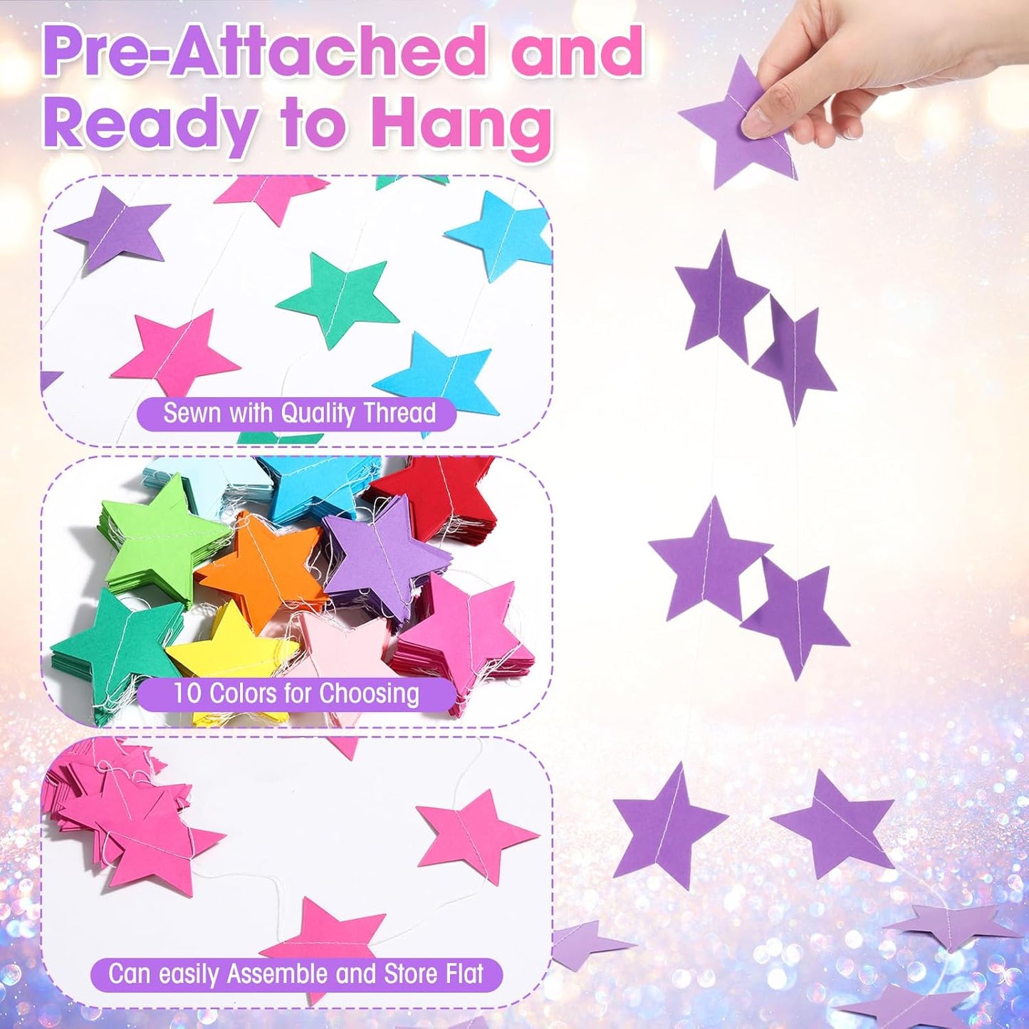 Patelai Glitter Star Garland Banner Decor 130 Feet Star Hanging Bunting Banner Twinkle Backdrop for Homecoming Classroom Wedding Birthday Halloween Christmas Party Supplies(Rainbow)