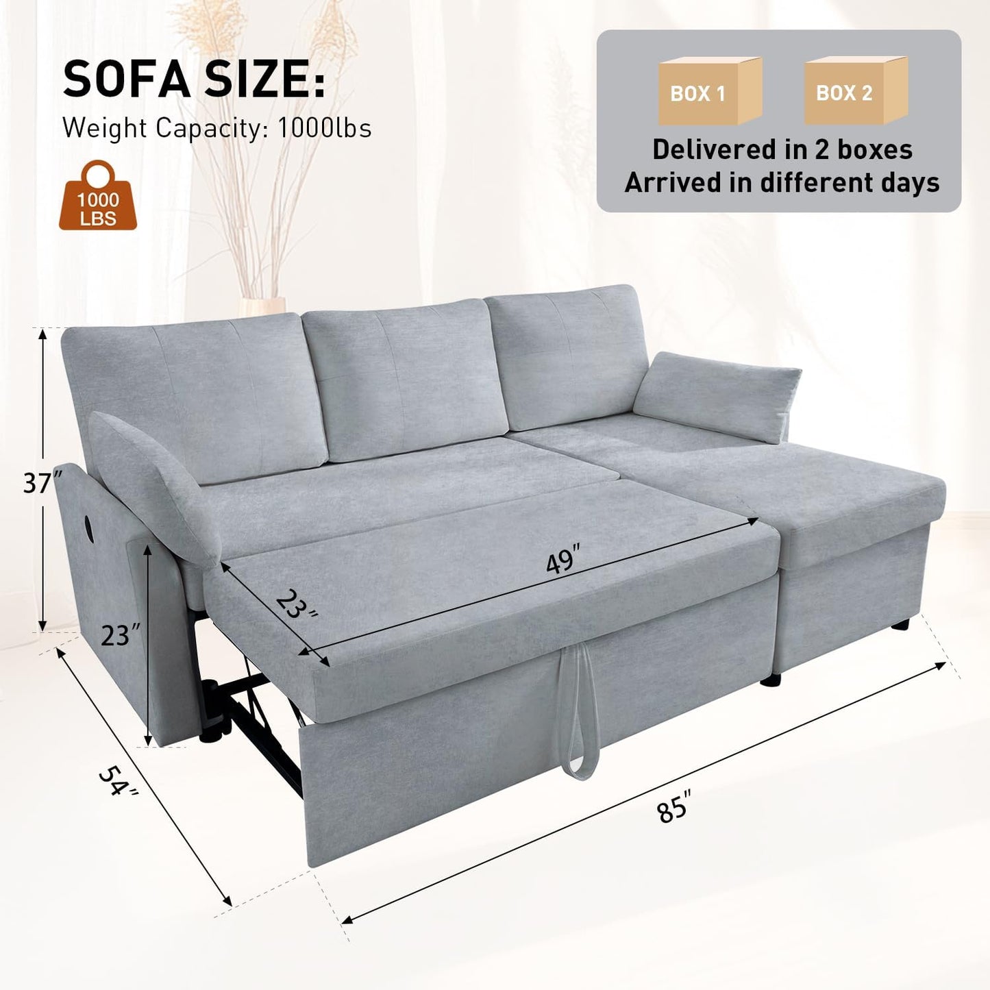 Waxberry Sectional Sofa Couch, Pull Out Couch Sleeper Sofa Bed with Storage for Living Room, Reversible Chaise, Side Pockets & Dual USB/Type-C Ports, Grey