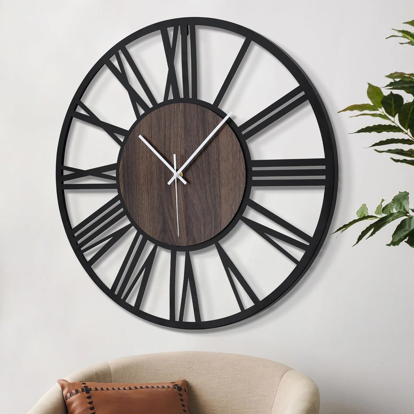 LEIKE 32" Oversized Large Wall Clocks,Silent,Non Ticking,Battery Operated Modern Round Big Wood Decorative Metal Wall Clock for Living Room, Bedroom,Kitchen,Farmhouse,Office Decor - Black,32 Inch