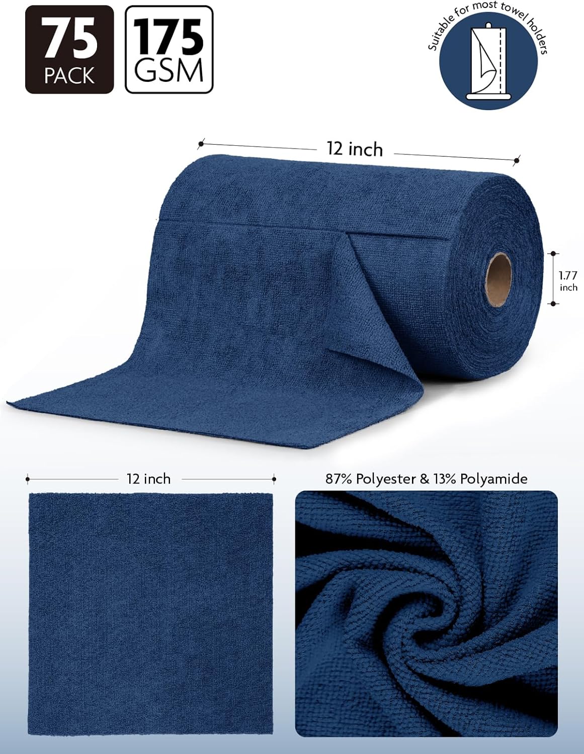 Fantasticlean Microfiber Cleaning Cloth Roll -75 Pack, Tear Away Microfiber Towels, 12" x 12", Reusable, Washable, Scratch Free, Ultra Absorbent Dish Rags for Car, Home, Garage or Shop (Navy Blue)