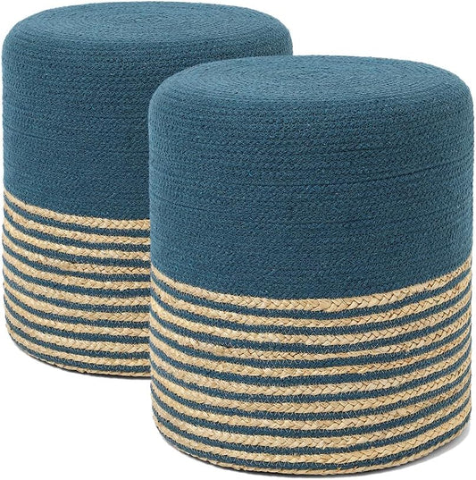 REDEARTH · Cylindrical Pouf Foot Stool Ottoman - Jute Braided Pouffe Poof Accent Sitting Footrest for Living Room, Bedroom, Nursery, Patio, Lounge Set of 2 (Teal Natural, 14.5"x14.5"x16")