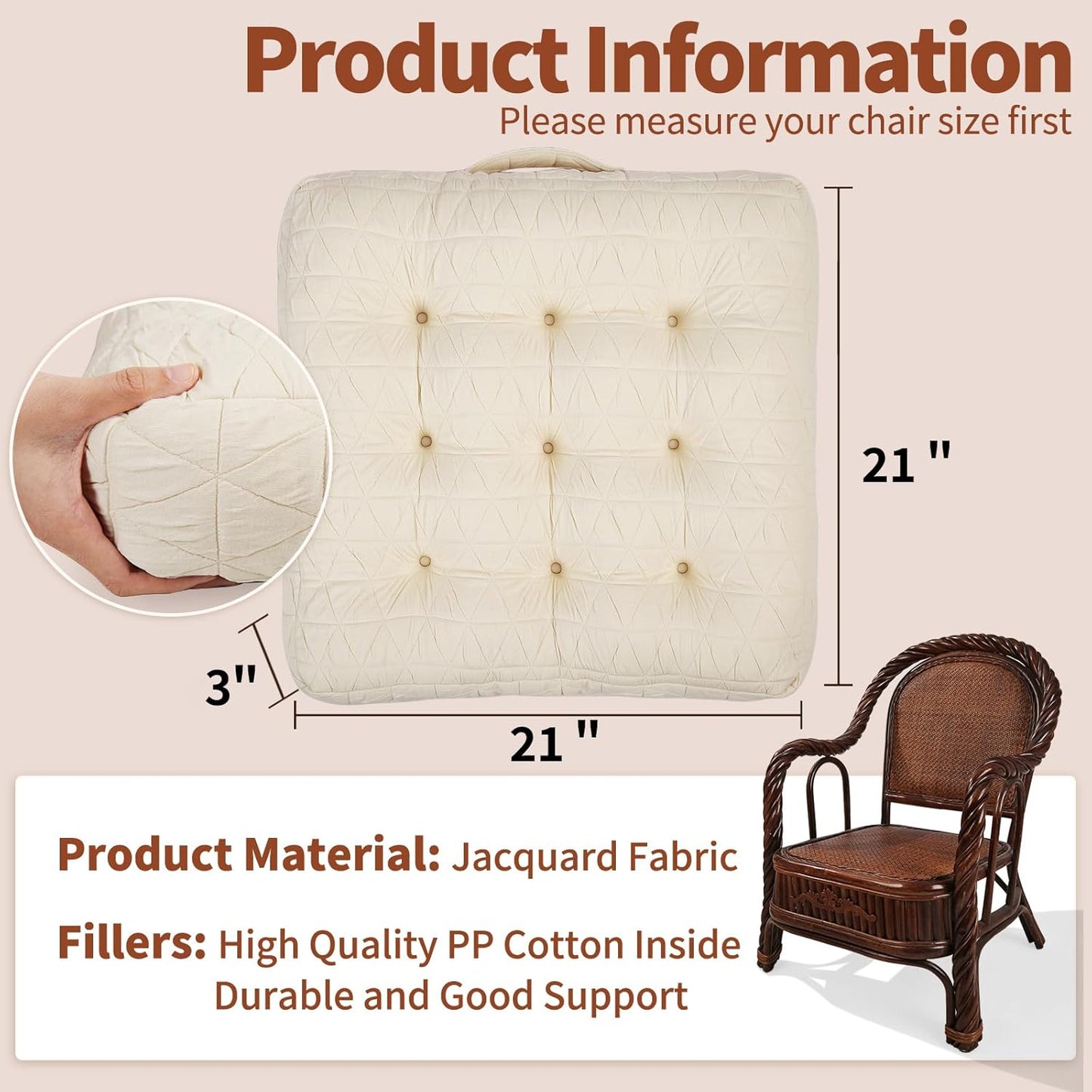 Large Chair Cushions with Handle, 20"x 20" Bite-Size Memory Foam Seat Cushions for Wicker Chair, Patio Non-Slip Rattan Chair Pads, Square Floor Cushion, Beige