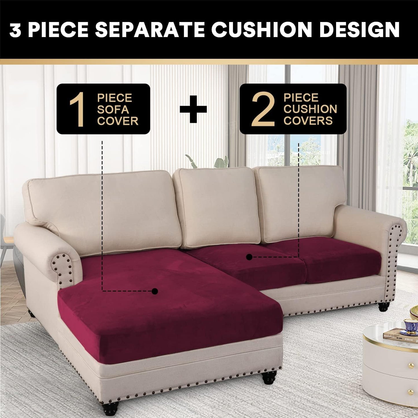 PrinceDeco Sectional Couch Covers 3 Pieces Velvet Sofa Covers L Shape Soft Couch Covers for Sectional Sofa Corner Sofa Cover Couch Cover for Dogs Washable (2 Seater + 1 Chaise,Burgundy)
