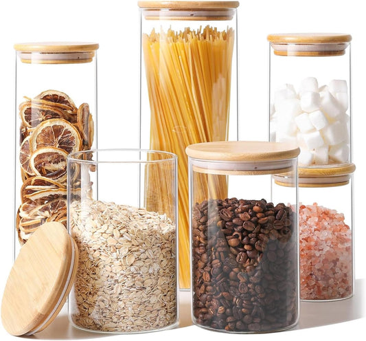 ComSaf Glass Food Storage Jars Set of 6, Clear Glass Storage Containers with Lids, Canisters Sets for the kitchen, Spaghetti, Pasta, Flour, Nuts, Oat, Coffee and Sugar Container, Pantry Organization