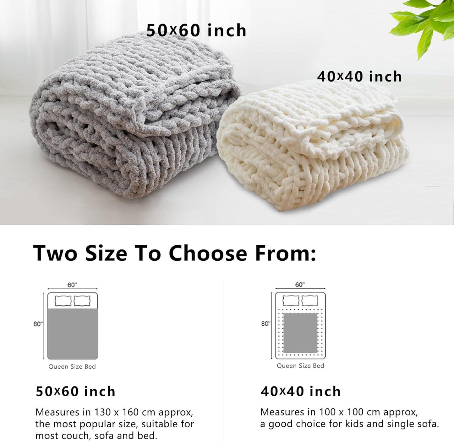 WESHIONGOO Chunky Knit Blanket Throw 40"×40" Knitted Throw Blankets for Couch Bed Fluffy Soft Blanket with Jumbo Chenille Yarn Thick 100% Handmade (Linen)