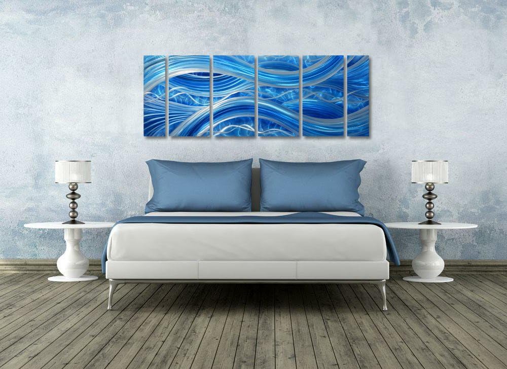 MyArton Handmade Abstract Metal Wall Art with Soft Color, Large Scale Decor in Blue Line Design, 3D Artwork for Indoor Outdoor Wall Decorations, 6-Panels Metal Art Measure 24"x 65"