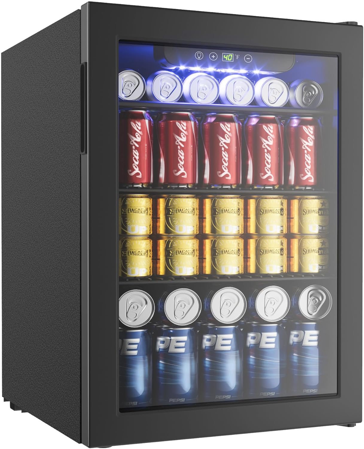 EUHOMY 100 Can Beverage Refrigerator cooler-Mini Fridge Glass Door for Beer Drinks Wines, Freestanding Beverage Fridge with Adjustable Shelves Blue LED for Home/Office/Dorm/Bar, 2.7 cu.ft