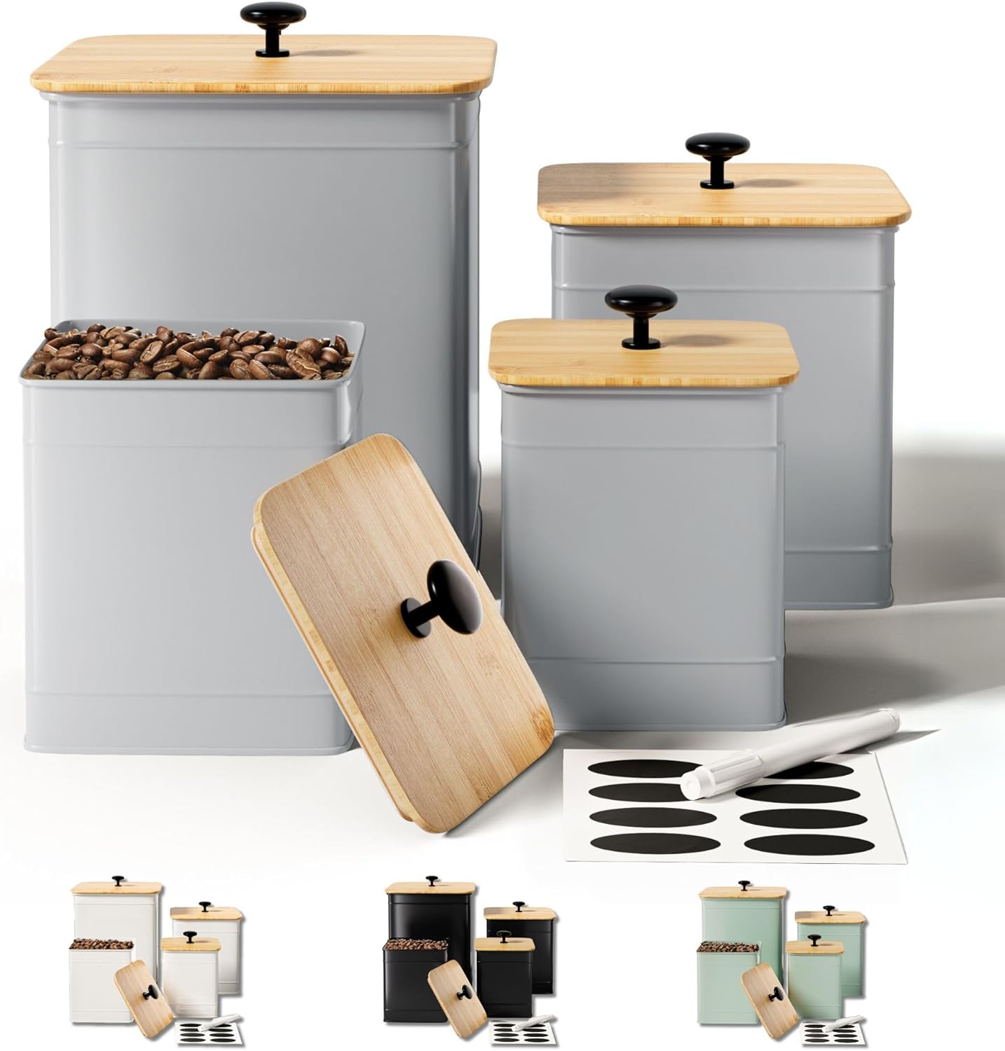 Kitchen Canisters for Countertop Set of 4 with Customizable Chalkboard Labels & Marker Pen - Big Iron Kitchen Canisters with Airtight Lids - Gray Canister Set - Flour and Sugar Containers Farmhouse