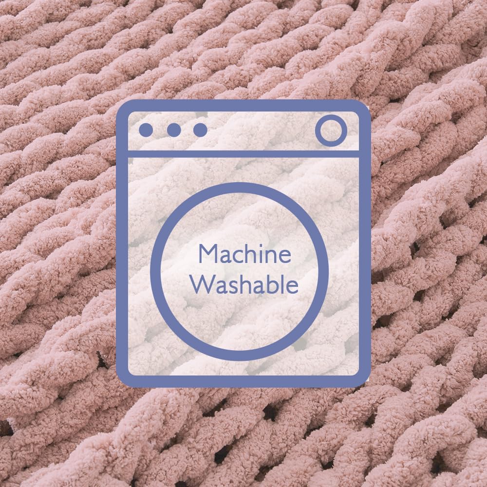 Bigacogo Chunky Knit Throw Blanket for Couch, 40x80 inches, 100% Hand Knitted with Thick Jumbo Chenille Yarn, Cozy Soft Large Rope Knot Cable Crochet Blankets for Sofa Bed Living Room, Dusty Pink