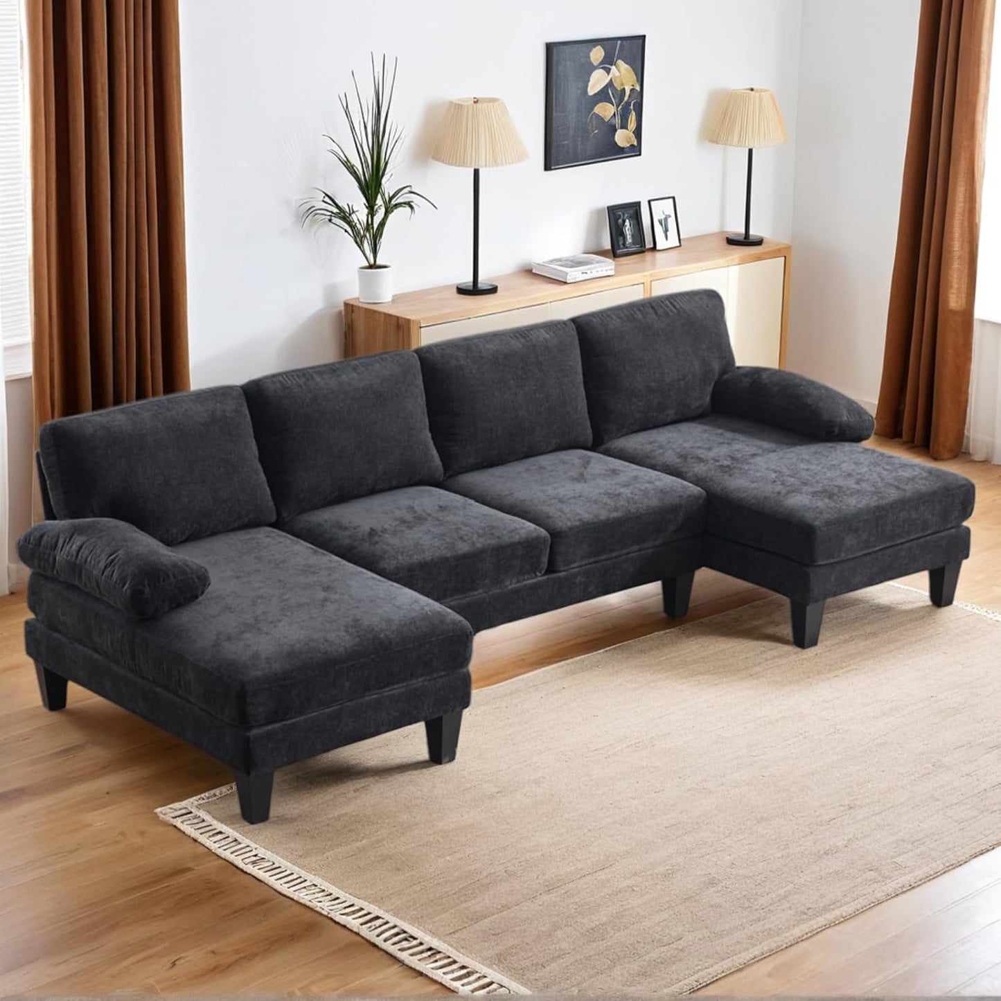 Karl home U-Shape Sectional Sofa Couch 111" Modern 4-Seat Sofa with Chaises Chenille Fabric Upholstered Covertible Couch with Wood Grain Legs for Living Room, Reception Room, Apartment, Black