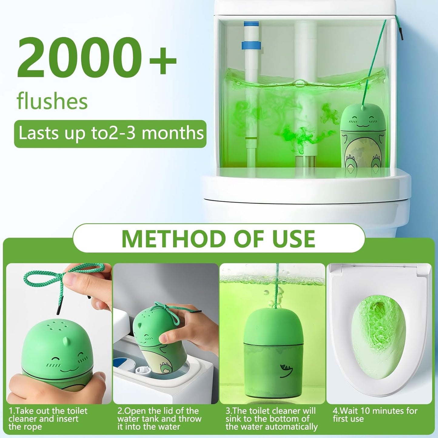 Toilet Bowl Cleaner-Cute Dinosaur-Shaped Toilet Bowl Cleaner Bottle Automatic Bathroom Toilet Tank Cleaner Easy-To-Use Septic Safe Toilet Cleaner in Bottle with Jasmine Scent (1, green)