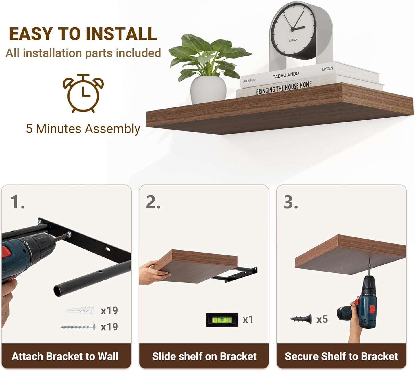 36 Inch Floating Shelves, 36"x9.25"x1.5" Inch Deep Floating Shelves for Wall, Wooden Shelves for Bathroom, Bedroom, Living Room, Walnut